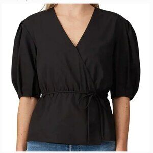 Rebecca Minkoff Mary Black Wrap Blouse Puff Sleeve V Neck Date Night Blouse